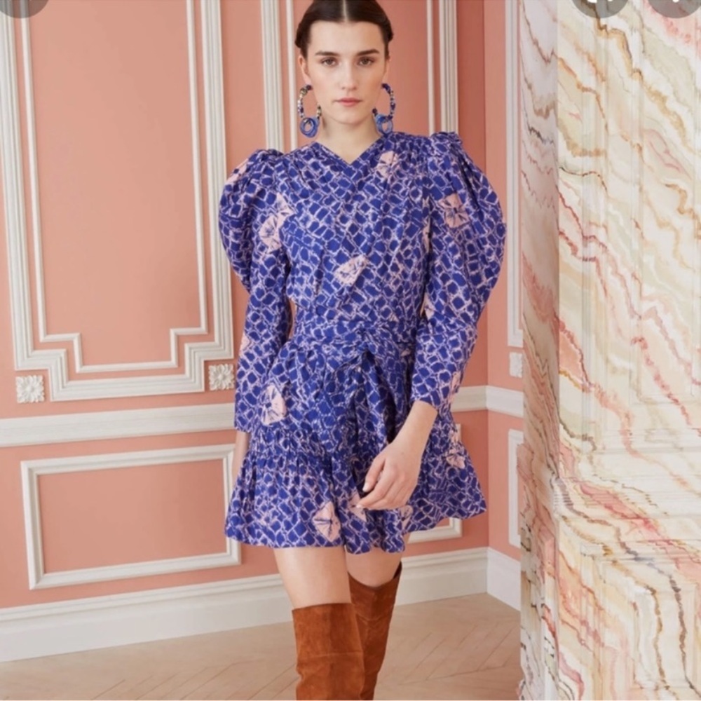 ULLA JOHNSON Sabine Mini Dress Purple Size 6 Batik Cotton Poplin Cobalt Blue M